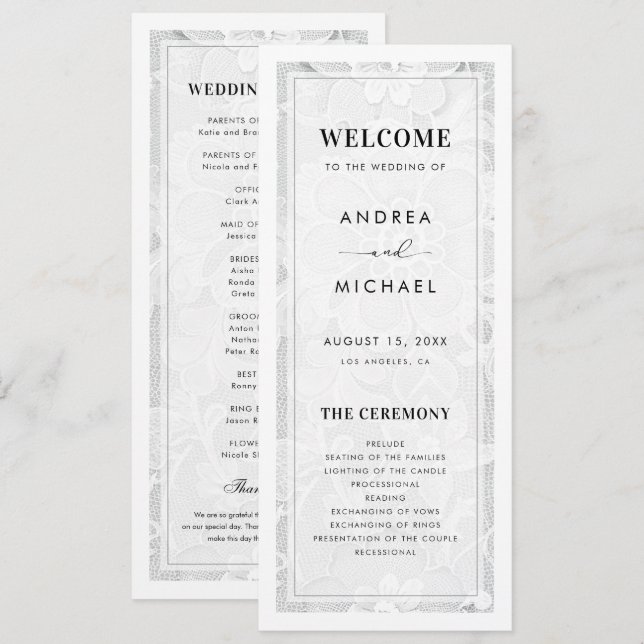 Vintage Old Money White Lace Wedding Programme (Front/Back)