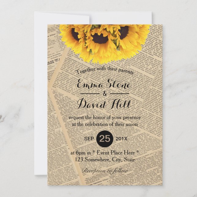 Vintage Old Newspaper Country Sunflower Wedding Invitation (Front)