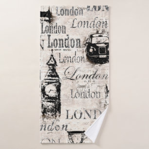 Vintage old newspaper paper London grunge collage  Bath Towel