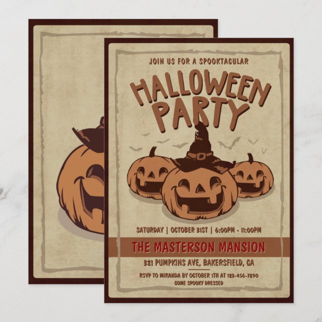 Vintage Old Paper and Pumpkins Halloween Party Invitation (Front/Back)