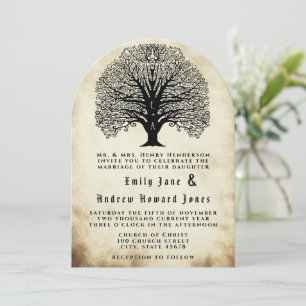 Vintage Old Paper Swirl Tree Wedding Invitations