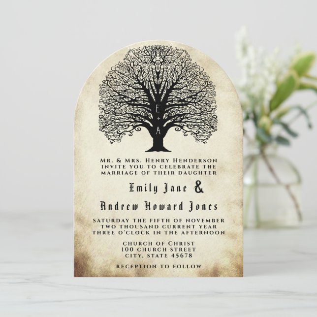 Vintage Old Paper Swirl Tree Wedding Invitations (Standing Front)
