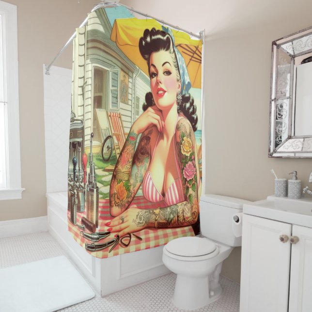Vintage Old School Pin-up Shower Curtain (In Situ)