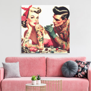 Vintage Old School Tattoo Couple Illustration Canvas Print