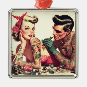 Vintage Old School Tattoo Couple Illustration Metal Tree Decoration
