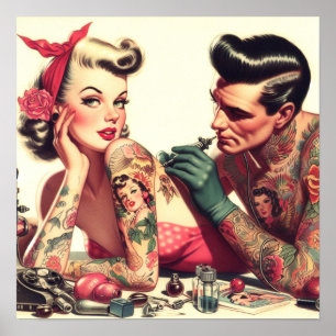 Vintage Old School Tattoo Couple Illustration Poster