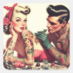 Vintage Old School Tattoo Couple Illustration Square Sticker