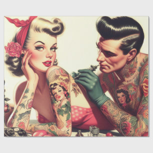 Vintage Old School Tattoo Couple Illustration Wrapping Paper