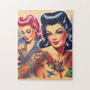 Vintage Old School Tattoo Girls Jigsaw Puzzle