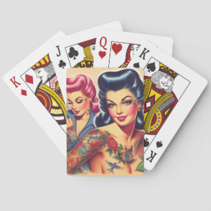 Vintage Old School Tattoo Girls Playing Cards