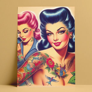 Vintage Old School Tattoo Girls Postcard