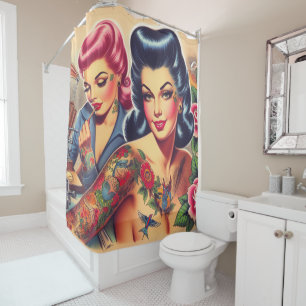 Vintage Old School Tattoo Girls Shower Curtain