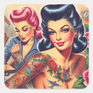 Vintage Old School Tattoo Girls Square Sticker