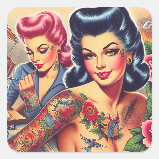 Vintage Old School Tattoo Girls Square Sticker (Front)