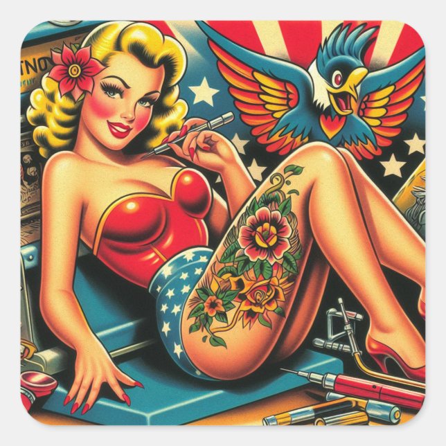 Vintage Old School Tatttoo Pin Up Square Sticker (Front)