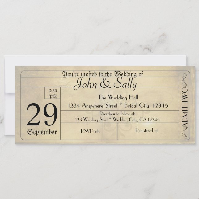 Vintage Old Style ticket Wedding Invitation (Front)