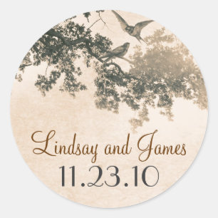 vintage old tree love birds wedding stickers