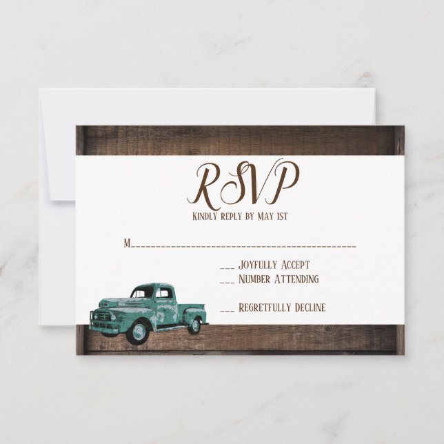 Vintage Old Truck Rustic Barn Wood Wedding RSVP (Front)