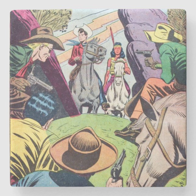 Vintage Old West Comic Book Scene Stone Coaster (Front)