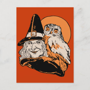 Vintage old Witch and her Owl Postcard