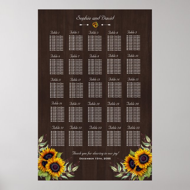 Vintage Old Wood Sunflowers Seating Chart 250 (Front)