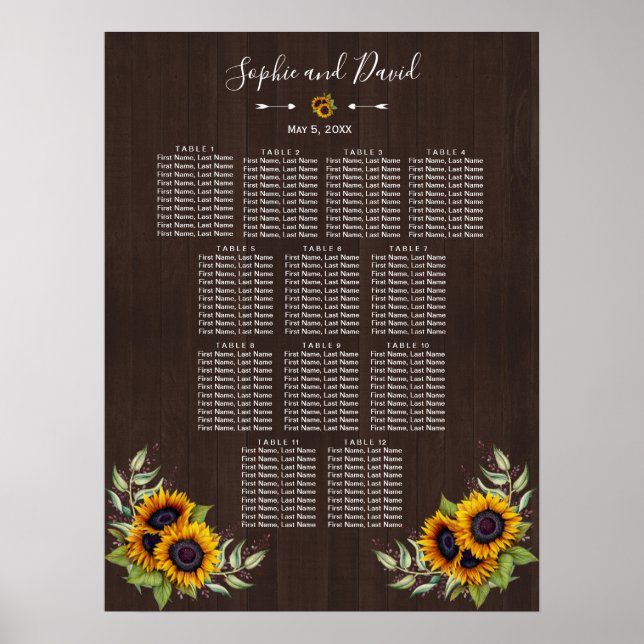 Vintage Old Wood Sunflowers Wedding Seating Chart (Front)