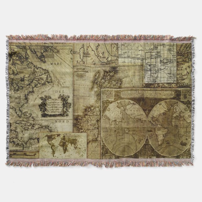 Vintage old world Maps Throw Blanket (Front)