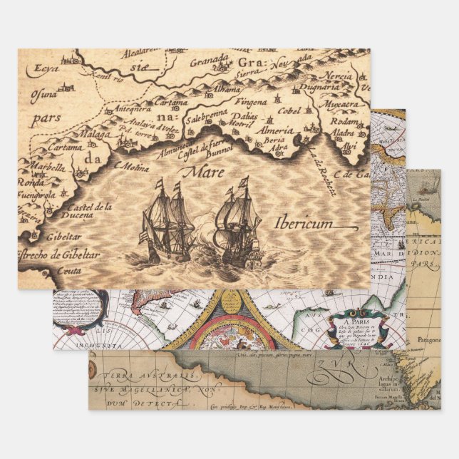 Vintage Old World Maps Wrapping Paper Sheets (Set)