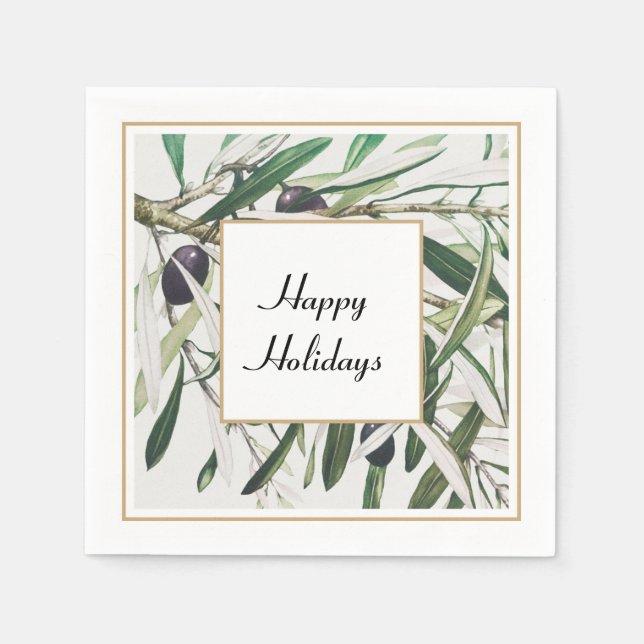 Vintage Olive Branch Happy Holidays Napkin (Front)