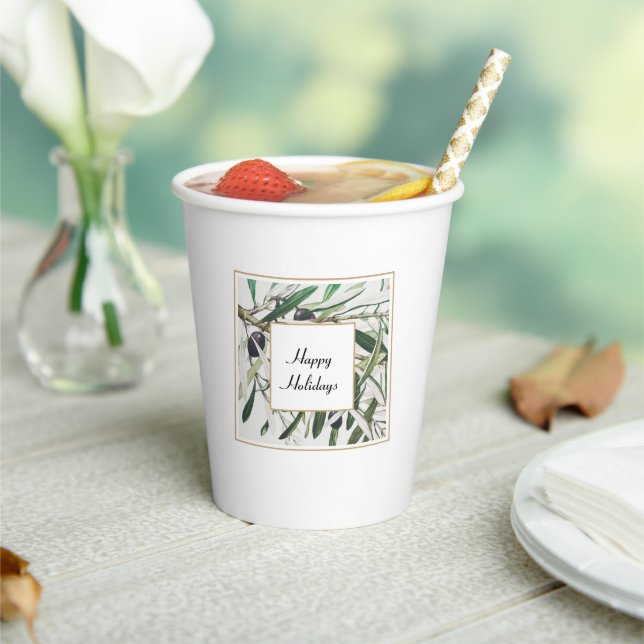 Vintage Olive Branch Happy Holidays Paper Cups (Insitu)