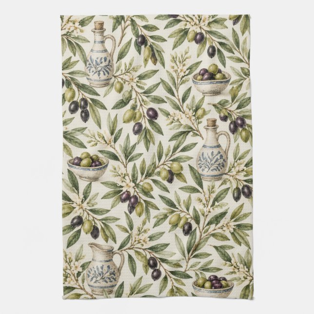 Vintage Olive Branches Mediterranean Pattern Tea Towel (Vertical)