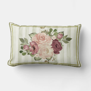 Vintage Olive/Cream Stripes with Cabbage Roses Lumbar Cushion
