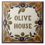 Vintage Olive Custom House Name Plate Plaque Sign Tile<br><div class="desc">"custom house name plate", "personalised house name plaque", "personal customised text sign", "olive farm casa ceramic tile", "mediterranean green olives fruit", "vintage yellow farmer art", "traditional summer vacation nature", "last family name surname", "farmhouse holiday home signage", "decorative rustic farming villa"</div>