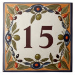Vintage Olive Custom House Number Plaque Sign Tile<br><div class="desc">"custom house number plate",  "personalised house no plaque",  "personal customised text sign",  "olive farm casa ceramic tile",  "mediterranean green olives fruit",  "vintage yellow farmer art",  "traditional summer vacation nature",  "mailing postage mail post address",  "farmhouse holiday home signage",  "decorative rustic farming villa"</div>