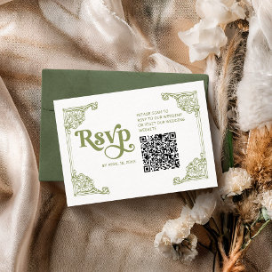 Vintage Olive Green Antique Frame Wedding with QR RSVP Card