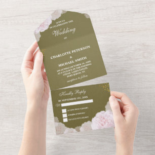 Vintage Olive Green & Blush Pink Peony Wedding  All In One Invitation