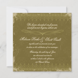 Vintage olive green damask wedding invitation
