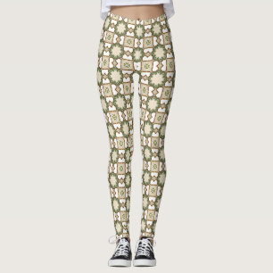 Vintage Olive Green Floral Geometric Pattern Leggings