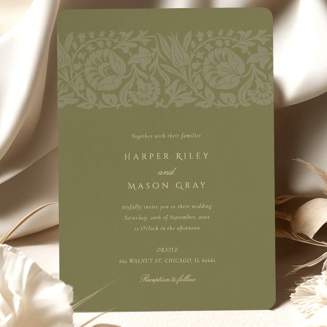 Vintage Olive Green Floral Wedding Invitation (Creator Uploaded)