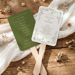 Vintage Olive Green French Floral Wedding Program Hand Fan