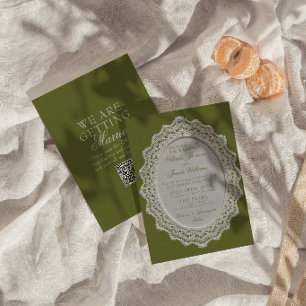 Vintage Olive Green Lace Doily QR Code Wedding Invitation