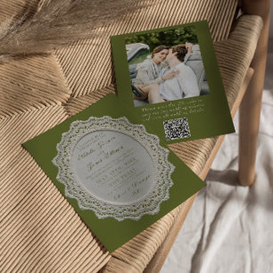 Vintage Olive Green Lace QR Code Photo Wedding Invitation