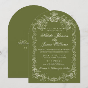 Vintage Olive green Old Money Arched Wedding Invitation