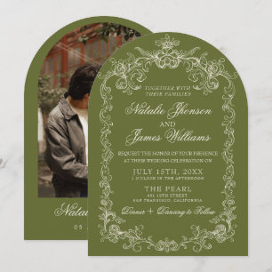 Vintage Olive Green Old Money Photo Arched Wedding Invitation