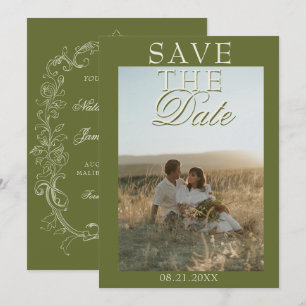 Vintage Olive Green Photo Old Money Wedding Save The Date