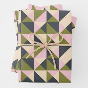 Vintage Olive Green Pink Christmas Geometric Cute Wrapping Paper Sheet
