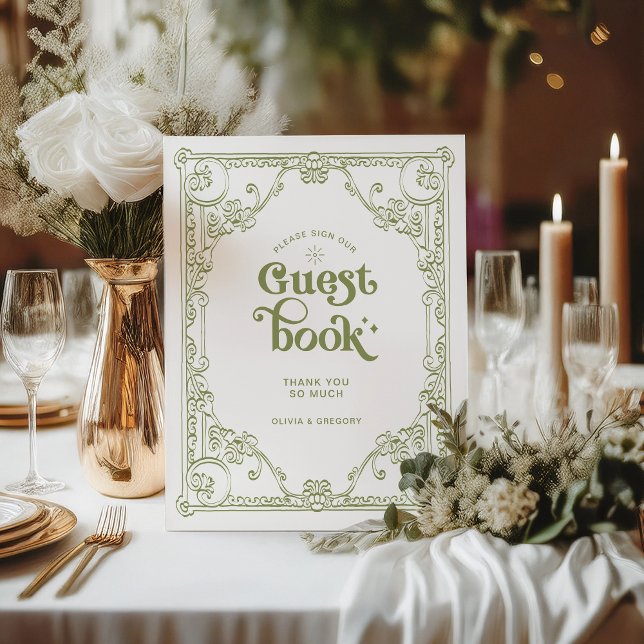 Vintage Olive Green Wedding Guest book Pedestal Sign (Creator Uploaded)