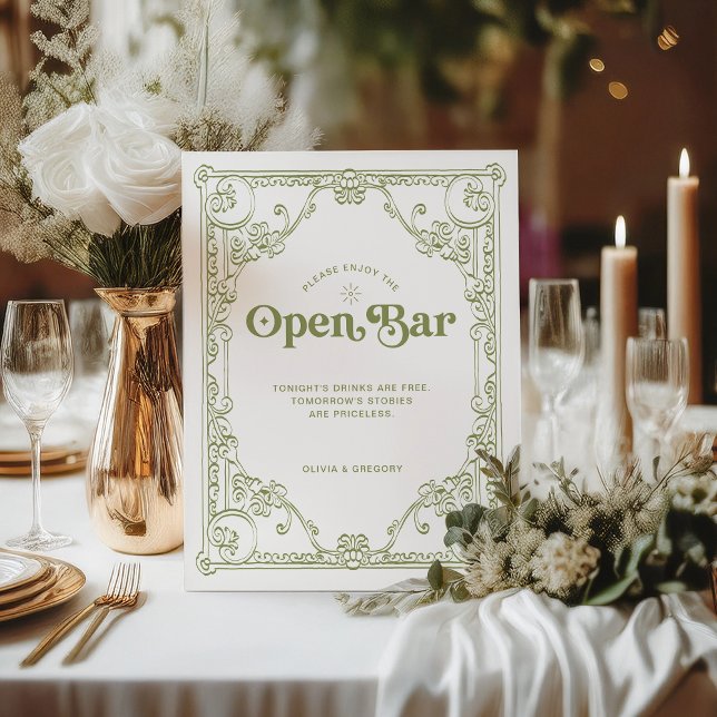 Vintage Olive Green Wedding Open Bar Pedestal Sign (Creator Uploaded)