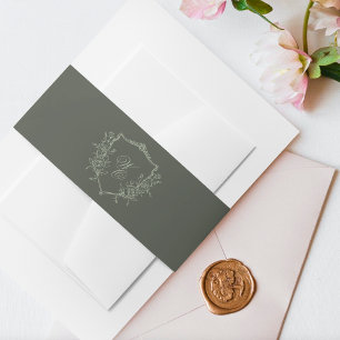 Vintage olive sage Floral Crest Monogram Wedding Invitation Belly Band