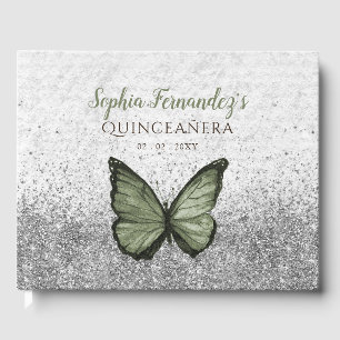 Vintage Olive Sage Silver Butterfly Quinceañera  Guest Book